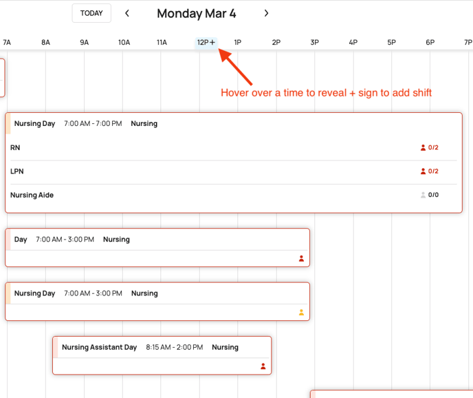 Hover over an hour to reveal + sign to add shift