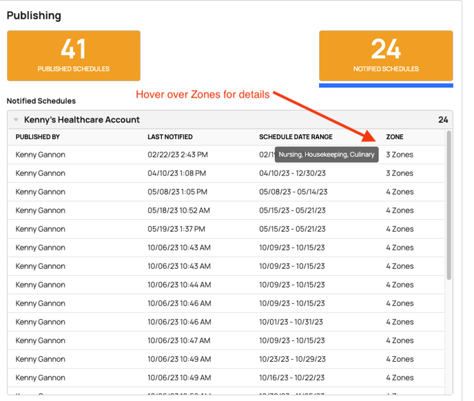 Hover over zones in Notified Schedules