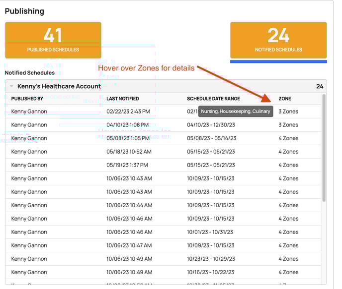 Hover over zones in Notified Schedules
