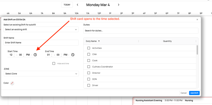 Shift card opens in timeline to time selected