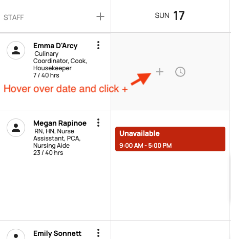 add shift in staff view find plus sign