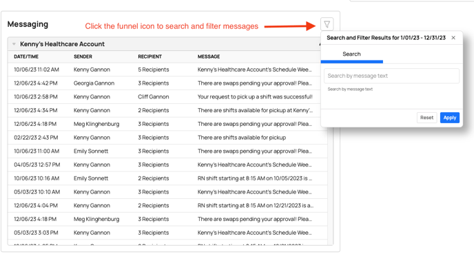 click funnel icon to search and filter
