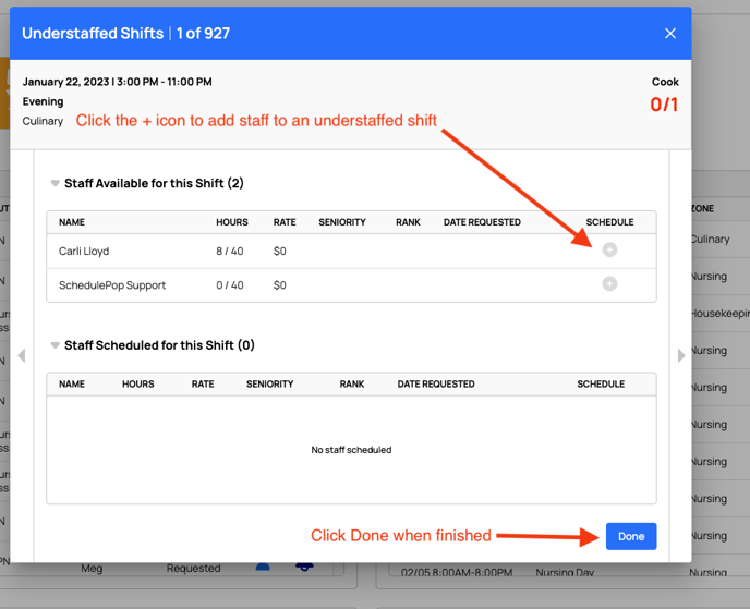 click plus icon to add staff to understaffed shift