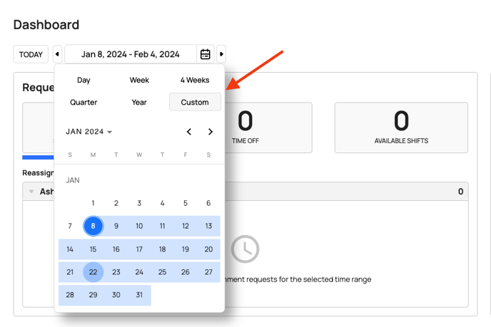 opening custom range in dashboard