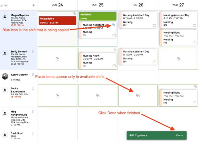 paste shifts in staff view