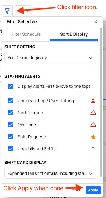 sort and display in shift view